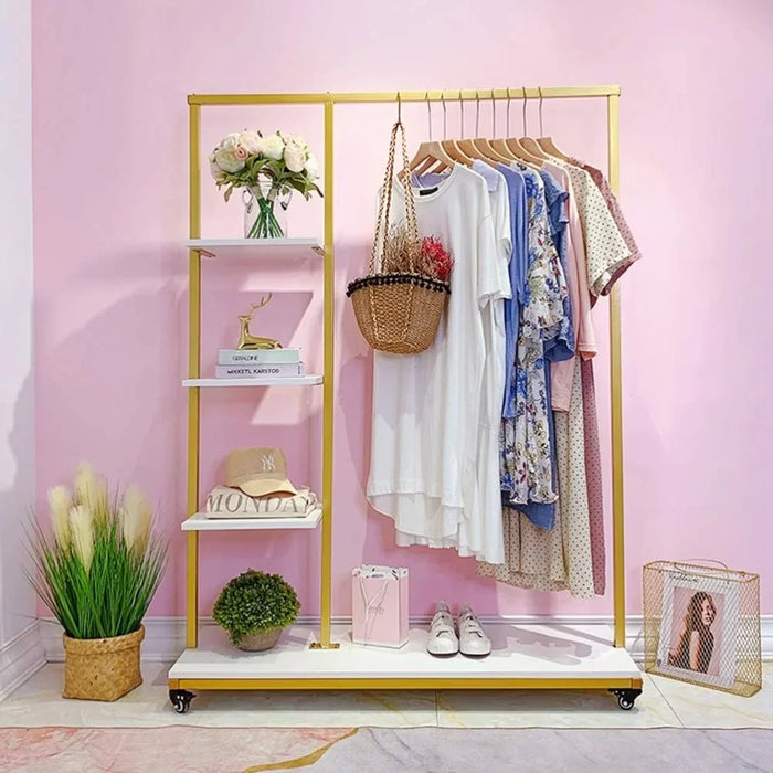 Metal Clothes Garment Racks With 4 Wood Storage Shelves and Hanging Bar Wardrobe Wardrobe Bedroom Furniture Hanger Home