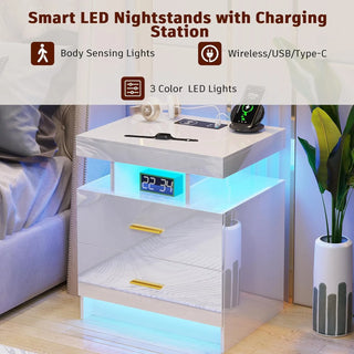 LED Nightstands w/ Charging Station, High Gloss Night Stand, Bedside Tables with 2 Drawers, Nightstand w/ USB/Type-C/Wireless