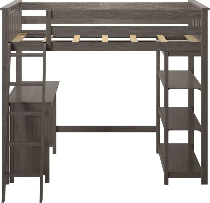 High Loft Bed, Twin Bed Frame for Kids With Bookcase and Desk, Clay