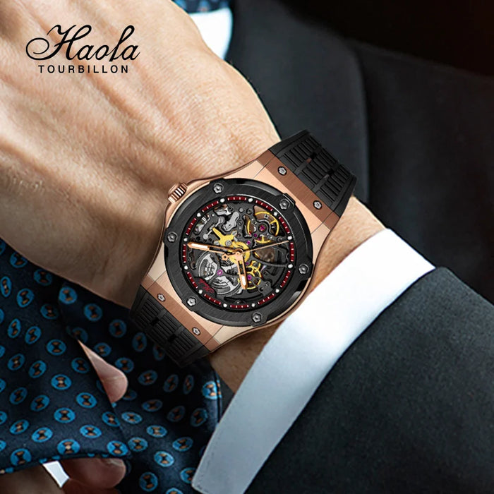 HAOFA 1913 Automatic Mechanical Fashion Man Men Watch Skeleton Automatic Sapphire Wrist Watches For Men Waterproof Luxury Black