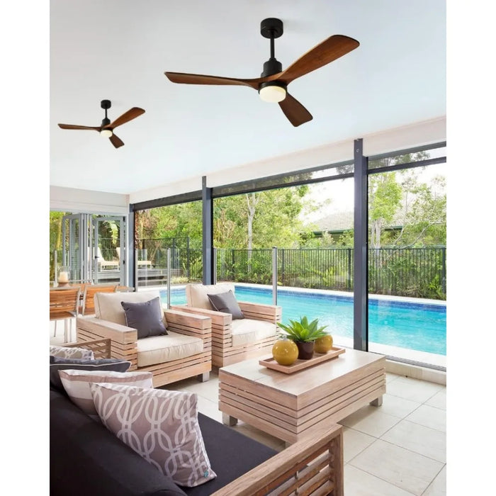 Modern ceiling fan with lights, 3 wooden fan blades,52 inch black with remote control, used for reversible DC motors in bedrooms