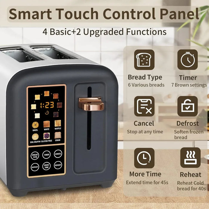 Toaster 2 Slice, Stainless Toaster LCD Display&Touch Buttons, 50% Faster Heating Speed, 6 Bread Selection, 7 Shade Setting