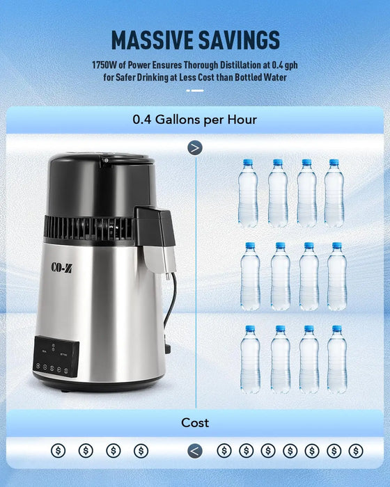 Gallon Water Distiller, 1750W Countertop Distilled Water Machine with Glass