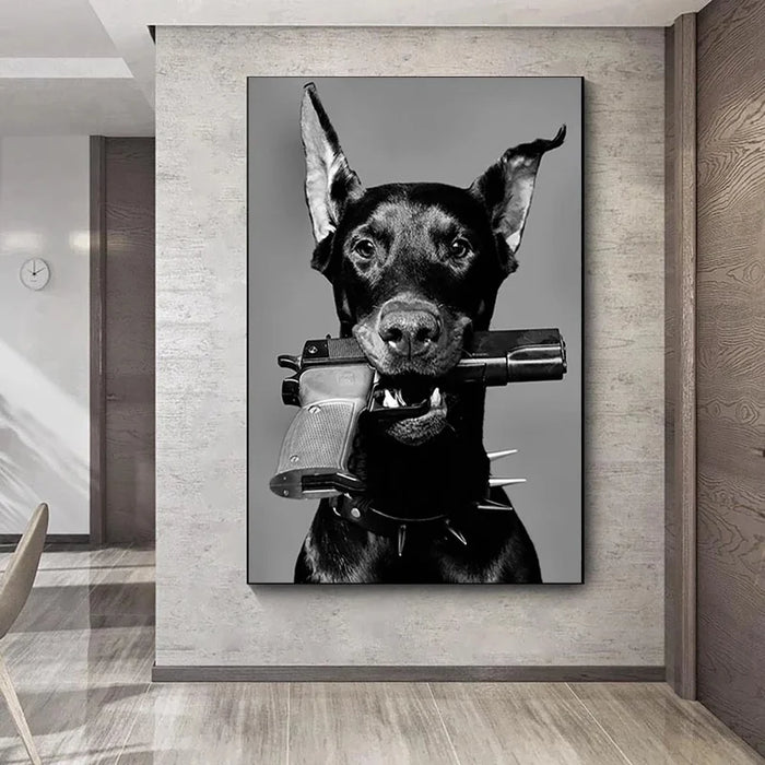 Doberman Dog Gun Canvas Painting Modern Black White Cuadros Fashion Poster Prints Wall Art Picture On Canvas Nordic Home Decor