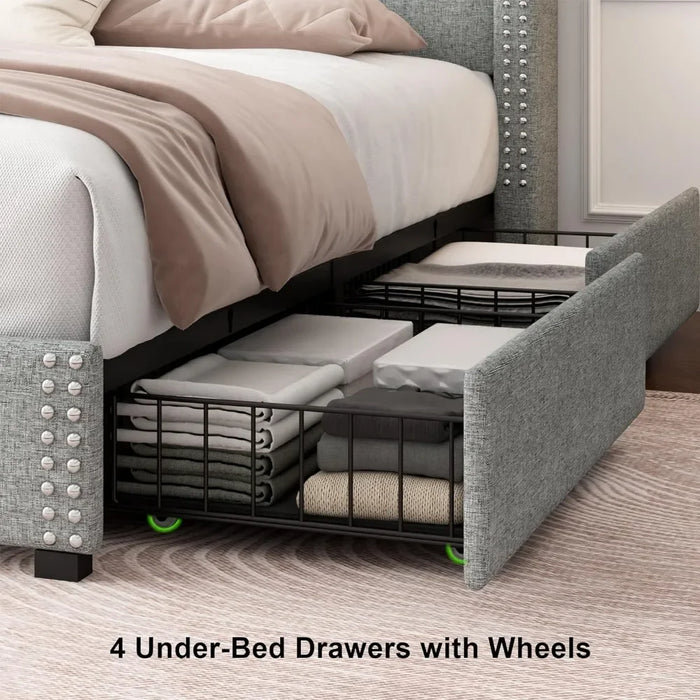 king size bed frame, with 4 storage drawers, Upholstered Platform Bed Frame, Solid wood slat support, No box spring required