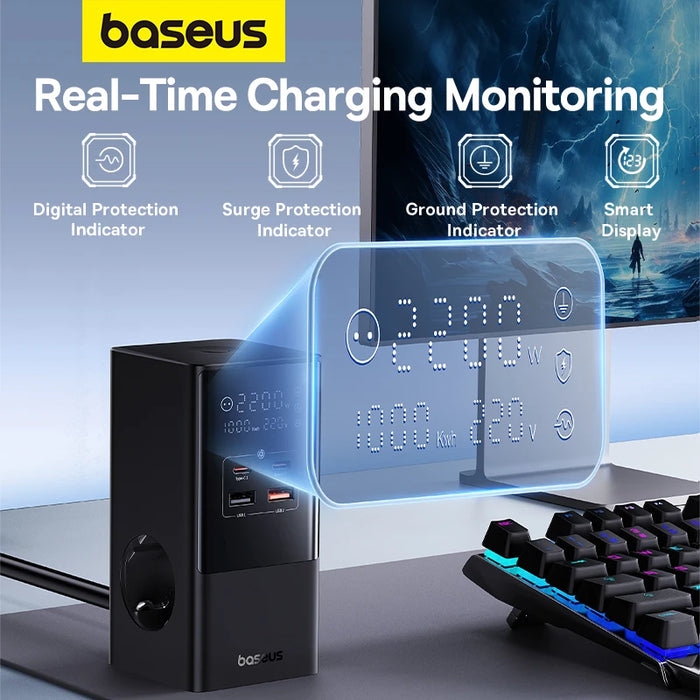 Baseus 100W Fast USB Charger 6 in 1  Power Strip Desktop Charging Station With 1200J Surge Protector For MacBook iPhone Samsung