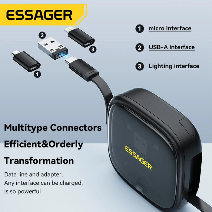 Essager USB C To Tpye C Cable PD 60W To Micro Lightning Fast Charging Data Travel Multi Functional Cord With Holder Storage Box