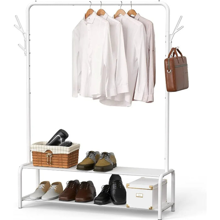 Garment Rack with Storage Shelves and Coat/Hat Hanging Hooks