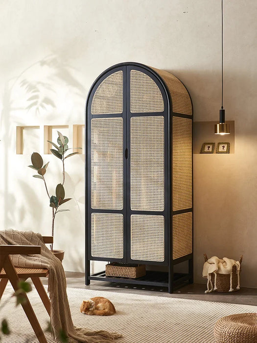 Nordic solid wood rattan woven wardrobe storage cabinet Small unit retro homestay arched storage wardrobe