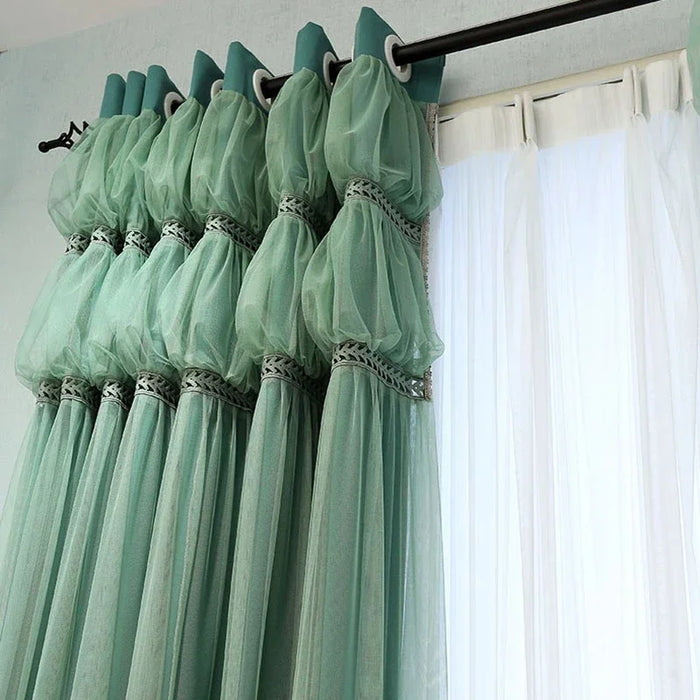 Dark Green Pleated Curtain with Valance Curtains for Living Dining Room Bedroom French Light Luxury Solid Lace Blackout