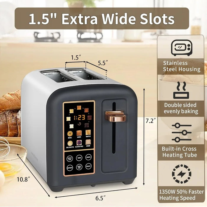 Toaster 2 Slice, Stainless Toaster LCD Display&Touch Buttons, 50% Faster Heating Speed, 6 Bread Selection, 7 Shade Setting