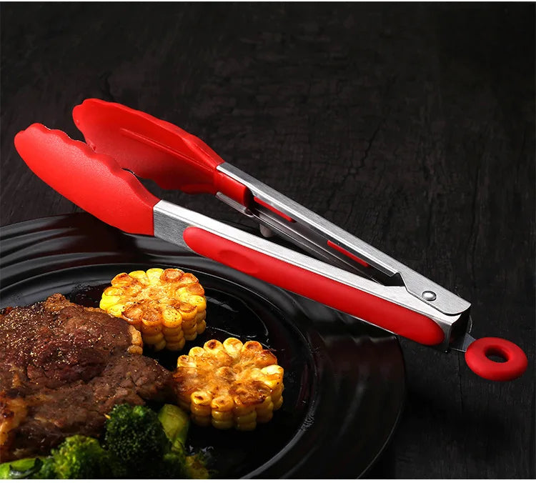 Food Grade Stainless Steel Silicone Food Tongs Kitchen High Temperature Resistant Steak Barbecue Tongs Barbecue Tongs 1 SET 3PCS