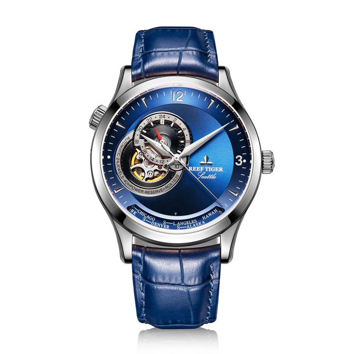 Reef Tiger/RT Designer Casual Watches Blue Dial Stainless Steel Automatic Watch Genuine Leather Strap RGA1693