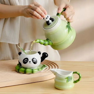 Cute Panda Ceramic Coffee Mug Hand-painted Enamel Color Ceramics Cups Set Small Teapot with Cup Cover and Saucer Spoon Creative