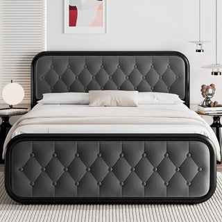Full Size Metal Bed Frame, Button Tufted Headboard, Heavy Duty Platform Bed Frame, Thickened Metal Steel Slat Support