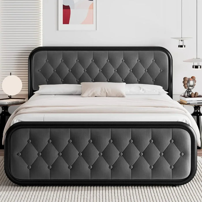 Full Size Metal Bed Frame, Button Tufted Headboard, Heavy Duty Platform Bed Frame, Thickened Metal Steel Slat Support