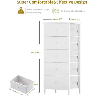 Tall White Dresser for Bedroom 5 Drawer & Chests of Drawers Fabric Dresser Storage Tower for Closet Kids and Adult Modern