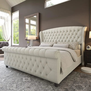 Queen Size Bed Frame, Chenille Upholstered Sleigh Bed with Scroll Wingback Headboard & Footboard/Button Tufted, Queen Bed Frame