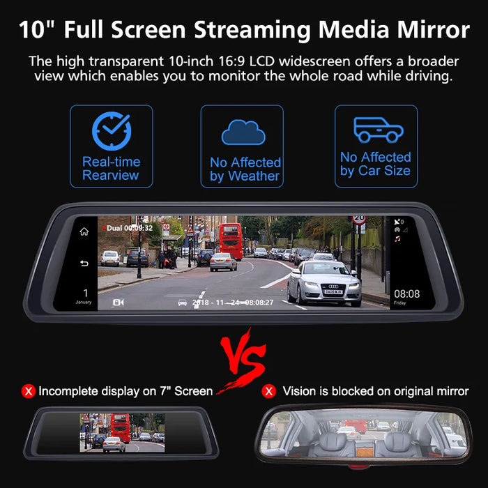 4 Channel Car DVR Media Rearview Mirror 10" 4G Android 8 Core MTK6753 ADAS Full HD 1080P Video Recorder Camera