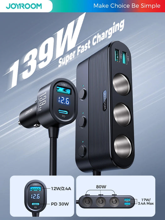 Joyroom 139W USB C Car Charger 7-Port Fast USB Car Phone Charger Fast Charging PD QC3.0 Cigarette Lighter Car Charger Multi Port