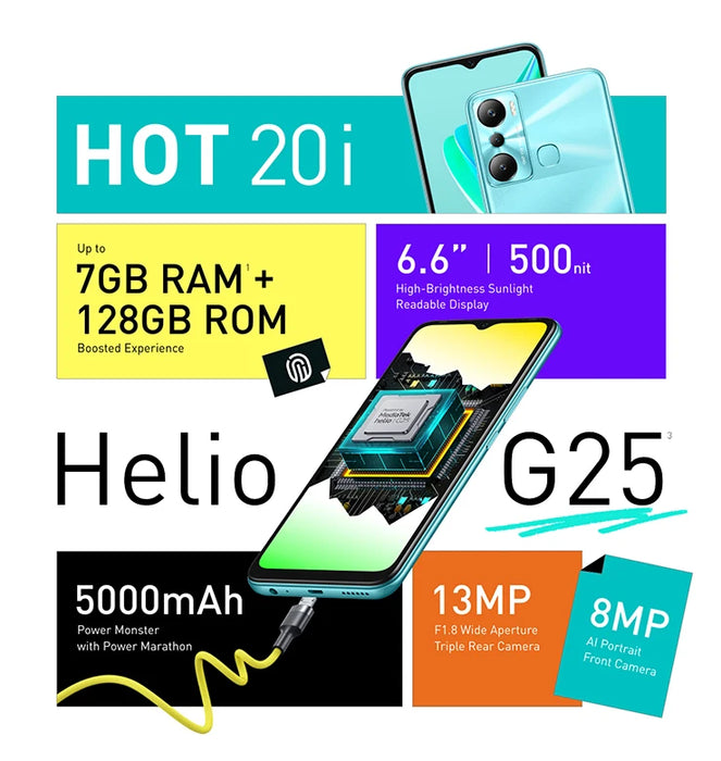 Global Version Infinix Hot 20i X665E 4GB+64GB Smartphone 6.6" Display 5000mAh Battery  8MP FF /13MP AF Triple Camera GPS 4G