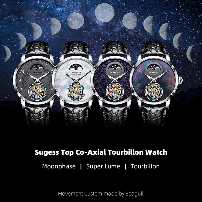 Sugess Top Tourbillon Mens Watch Tianjin ST8235 Movement Wristwatches Mechanical Moonphase Luxury Watches Crocodile Leather New