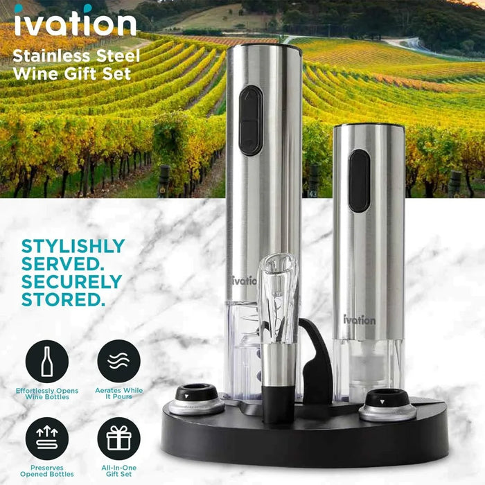 Electric Wine Gift Set - Includes Electric Bottle Opener, Wine Aerator, Electric Vacuum Preserver, Stoppers