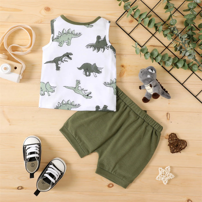 PatPat 2pcs Newborn Baby Boy Clothes Allover Dinosaur Print Sleeveless Tank Top and Solid Shorts Kids Stuff Set