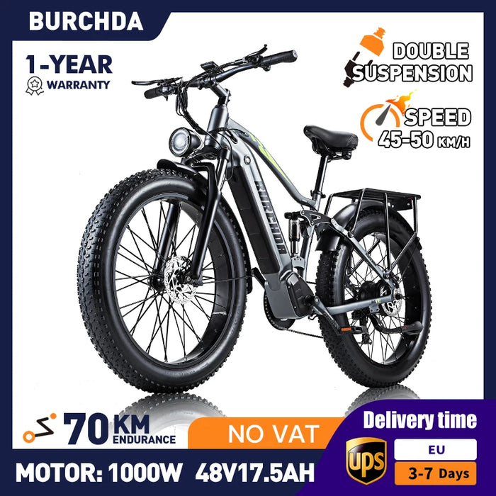 BURCHDA RX80 Electric Bike 1000W Motor Adults 48V17.5AH Electric Bicycle 26 Inch 4.0 Fat Tires Snow Mountain Bike MTB OFF-Road