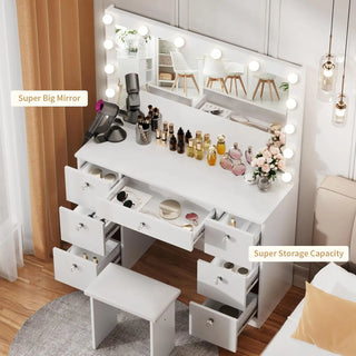 Vanity with Lighted Mirror - Makeup Vanity Desk with Mirror, Power Outlet and Drawers, Dressing Table With Color Lighting Modes
