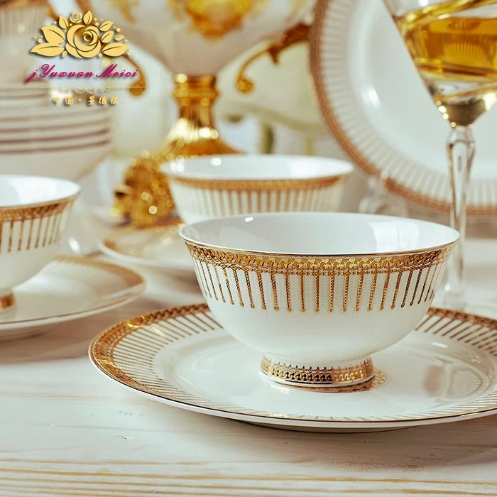 Bone China Dinnerware Set Dish Bowl Combination 60pcs Ceramic High-grade Dinnerware Set European Gold Bowl Plate