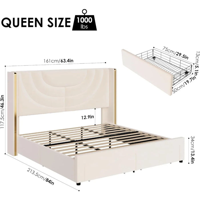 LED Queen Bed Frame with 2 Storage Drawers Solid Wooden, Solid Wooden Slats Support, No Box Spring Needed, Queen Bed Frame