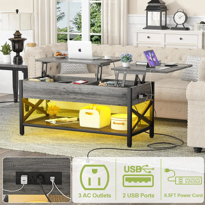 Lift Top Coffee Center Table with LED Light and Power Outlet, Modern Table with Storage Shelf for Living Room, Lift Tabletop