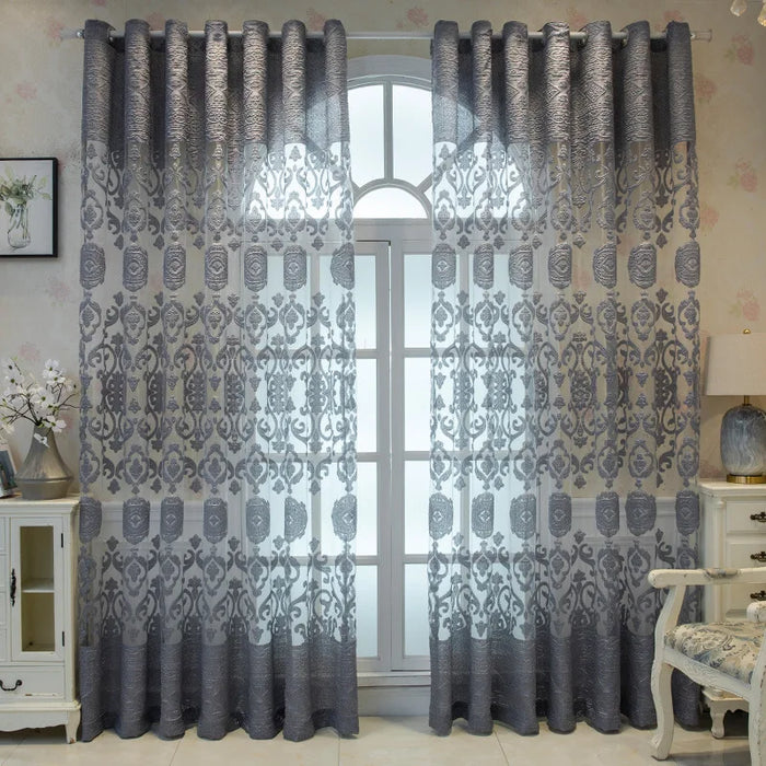 European Style Curtains for Living Dining Room Bedroom Custom Luxury Hollow Embossed Embroidery Gray Tulle Window Curtain Decor