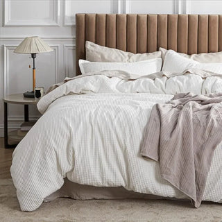 100% Cotton Waffle Weave Coconut White Duvet Cover Queen Size, Soft and Breathable Queen Duvet Cover Set