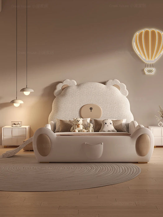 Solid wood children's bed Boys girls single bed Modern simple light luxury leather bed creative bear cartoon bed