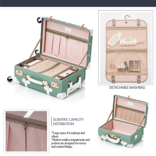 COTRUNKAGE Vintage Luggage Set 3 Piece TSA Lock Floral Cute Girly Carry-on Suitcase for Women with Spinner Wheels, Embossed Mint