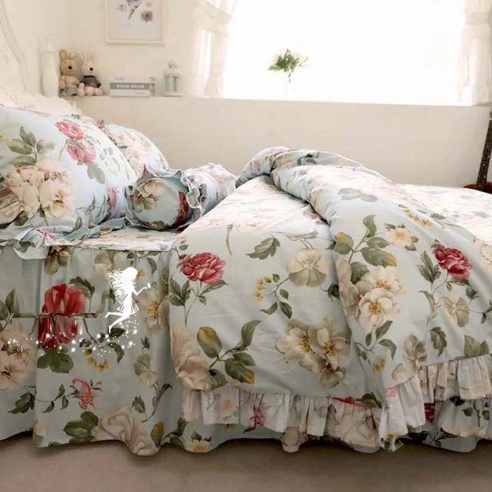 Korean 100% Cotton Floral Bedding Set Flounced Rural European Garden Cotton 4pcs Set Cake Layer Ruffles Duvet Cover King Queen