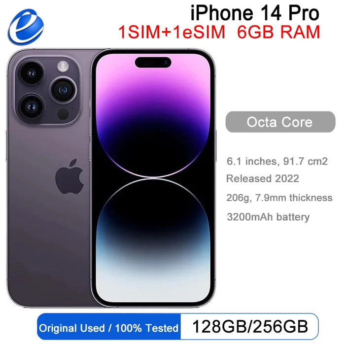 Apple iPhone 14 Pro 128/256/512GB ROM 6GB RAM 1SIM+1eSIM Original 6.1" OLED Face ID NFC Unlocked 5G 98% New Smartphone