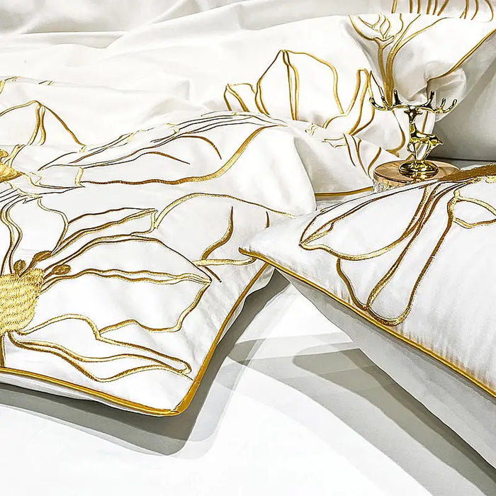 Golden Embroidered Duvet Cover Set 100%Cotton 4pcs Quilted Pure White Bedding Bed Sheet Pillowcases Home Textile