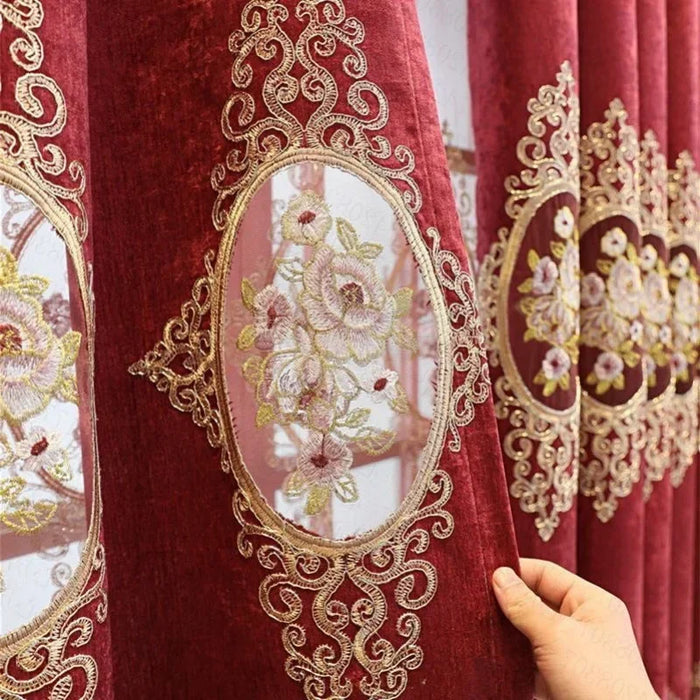 European Chenille Embroidered Red Curtains for Living Dining Room Bedroom Yarn Finished Balcony Floor To Ceiling Wedding Room