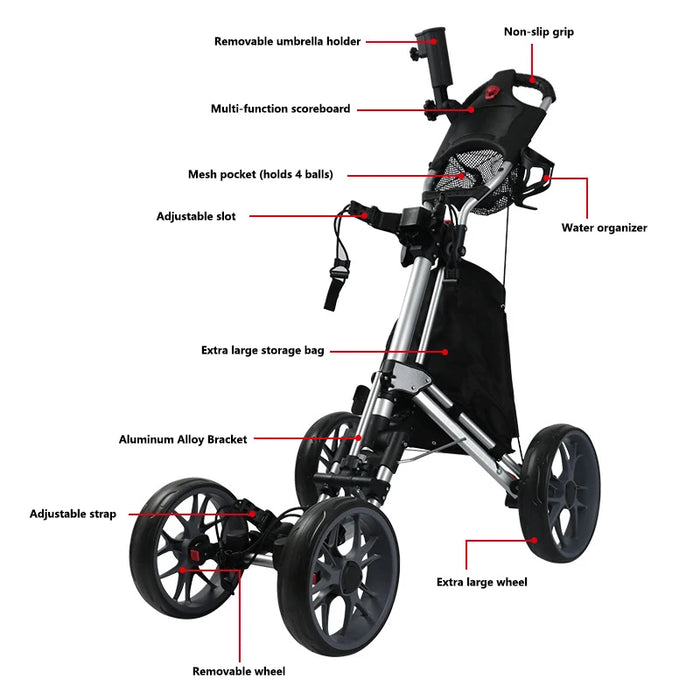 ESWING New 4 Wheel Golf Cart Golf Bag Cart Easy Folding Golf Trolley