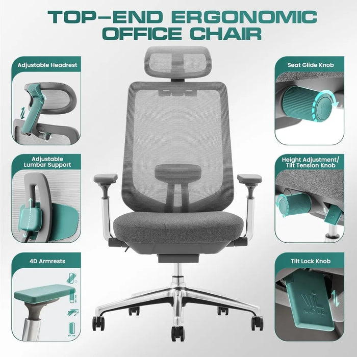 Ergonomic Mesh Office Chair, High Back Computer Executive Desk Chair with Adjustable Headrest and 4D Arms, Slide Seat