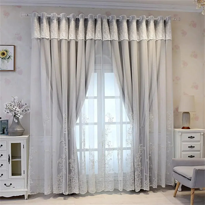 Luxury Beige Double Layer Embroidery Blackout Curtain for Bedroom Living Room European Delicate Sheer Plus Darkening Cloth Drape