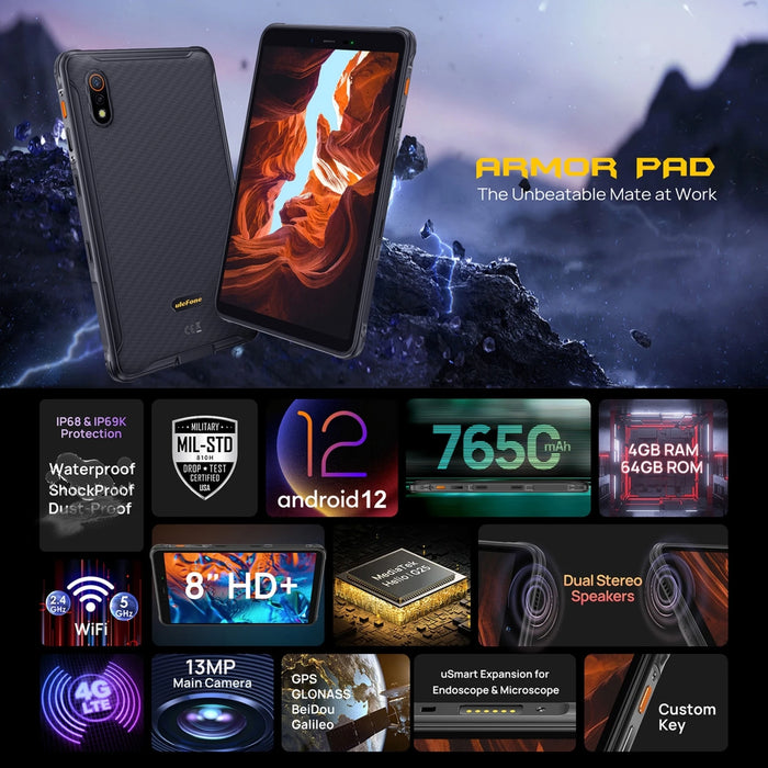 Ulefone Armor Pad Rugged Tablet PC Android 12 Phablet Helio G25 Octa Core 4+64GB 8'' Screen 7650mAh uSmart Expansion 4G LTE WIFI