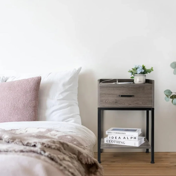 Nightstand with Charging Station 2-Tier, Side Tables Bedroom with Drawer Small, Bedside Table with USB Ports and Outlets