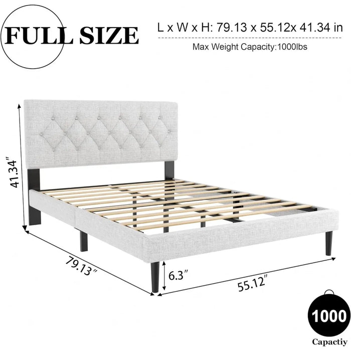 Queen Size Platform Bed Frame with Upholstered Button Tufted Headboard, Mattress Foundation with Wooden Slat Support, Noise Free