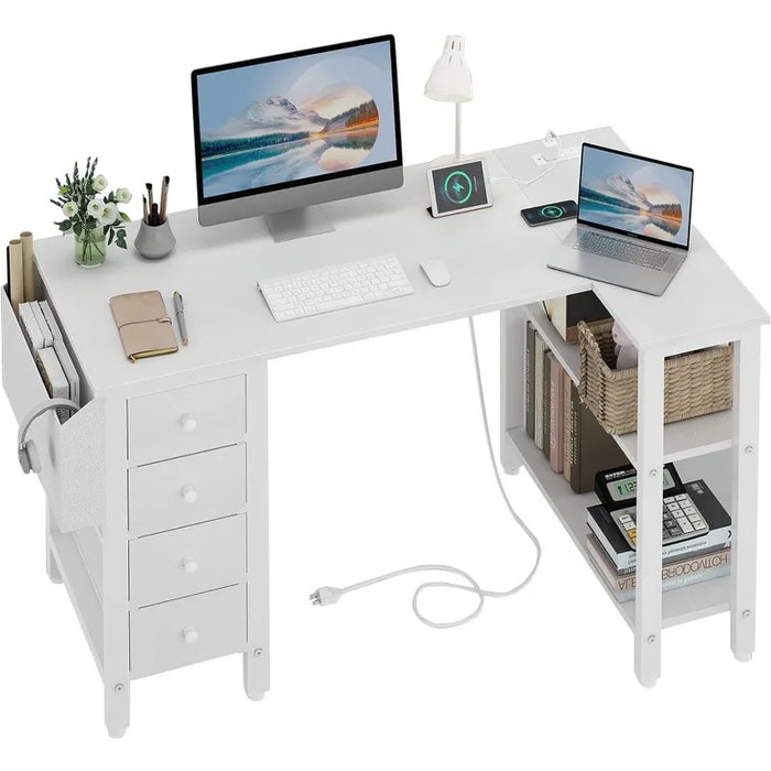 Lufeiya White L Shaped Computer Desk with Drawers & Storage Shelves, 47 Inch Corner Desk with Power Outlet for Home Office