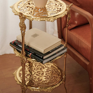 French Light Luxury Hollow Carved Flower Shelf Baroque Vintage Brass Floor Multi Layer Edge Flower Shelf