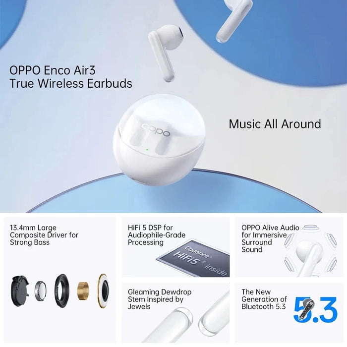 OPPO ENCO Air 3 TWS Earphone Wireless Bluetooth 5.3 Earbuds 25 Hour Battery Life AI Noise Cancelling IP54 with Mic